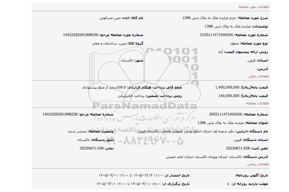 مزایده، مزایده ملک به پلاک ثبتی 1396