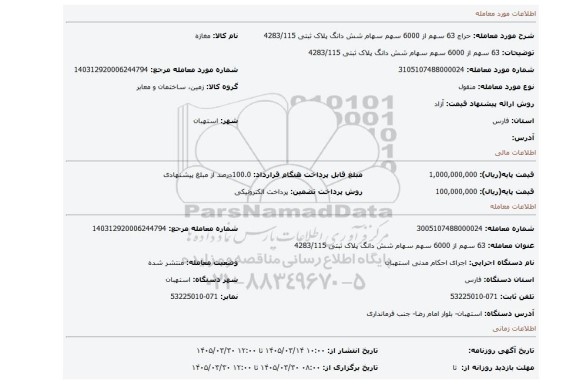 مزایده، 63 سهم از 6000 سهم سهام شش دانگ پلاک ثبتی 4283/115