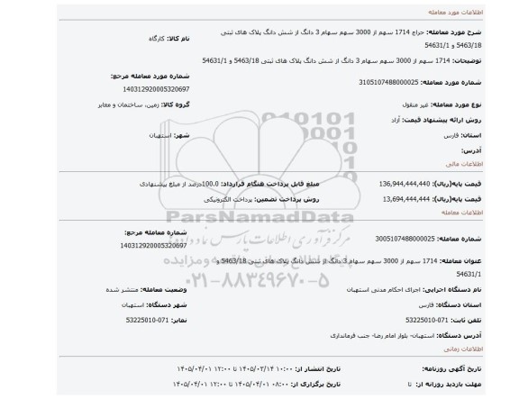 مزایده، 1714 سهم از 3000 سهم سهام 3 دانگ از شش دانگ پلاک های ثبتی 5463/18 و 54631/1