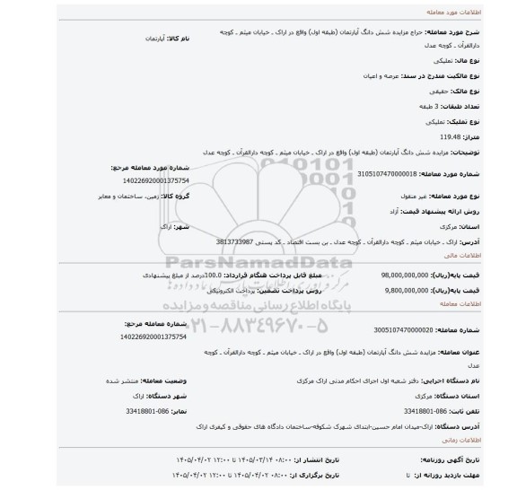 مزایده، مزایده شش دانگ آپارتمان (طبقه اول) واقع در اراک ـ خیابان میثم ـ کوچه دارالقرآن ـ کوچه عدل