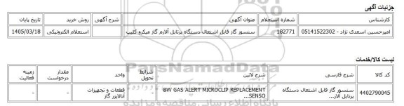 استعلام الکترونیکی، سنسور گاز قابل اشتعال دستگاه پرتابل آلارم گاز میکرو کلیپ