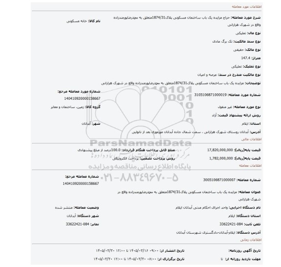 مزایده، مزایده یک باب ساختمان مسکونی پلاک1874/31متعلق به محمدرضاپورمندزاده واقع در شهرک هزارانی