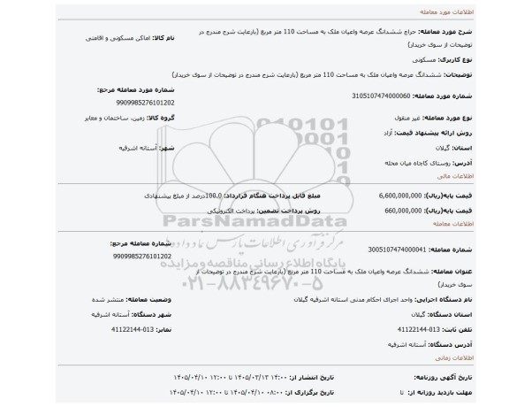 مزایده، ششدانگ عرصه واعیان ملک به مساحت 110 متر مربع (بارعایت شرح مندرج در توضیحات از سوی خریدار)
