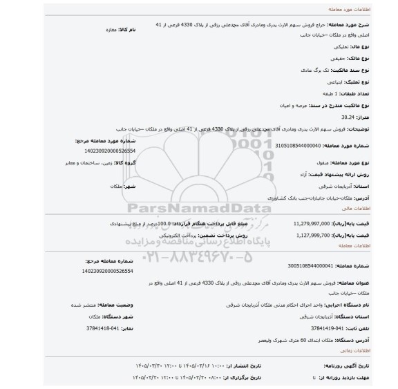 مزایده، فروش سهم الارث پدری ومادری آقای محمدعلی رزقی از پلاک 4330 فرعی از 41 اصلی واقع در ملکان –خیابان جانب