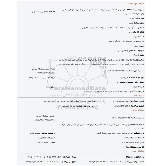 مزایده، فروش قطعات زمین با کاربری مختلف متعلق به مرحومه مهری فرزانگی طالمی وفق نظریه کارشناسی