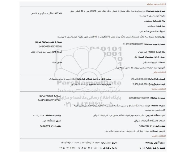 مزایده، مزایده سه دانگ مشاع از شش دانگ پلاک ثبتی 9578فرعی از 49 اصلی طبق نظریه کارشناسی به پیوست