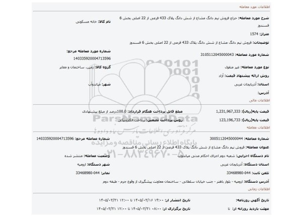 مزایده، فروش نیم دانگ مشاع از شش دانگ پلاک 433 فرعی از 22 اصلی بخش 6 فسندوز