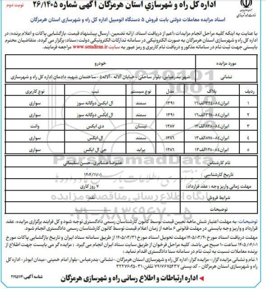 مزایده فروش خودروهای مستعمل  نوبت دوم 