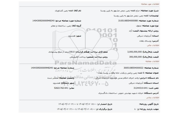 مزایده، قطعه زمین دیمی مشهور به پایین روستا