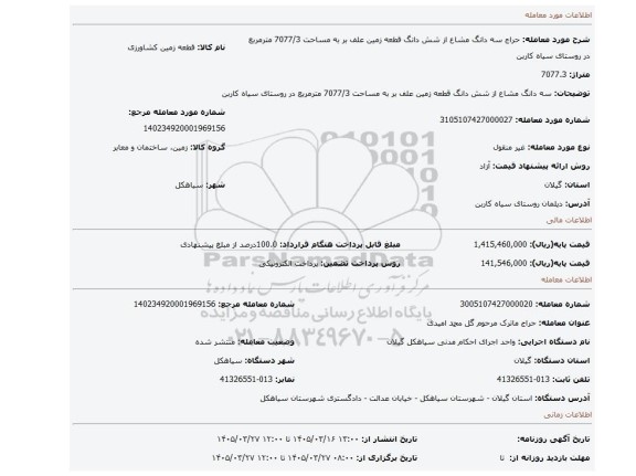 مزایده، سه دانگ مشاع از شش دانگ قطعه زمین علف بر به مساحت 7077/3 مترمربع در روستای سیاه کاربن