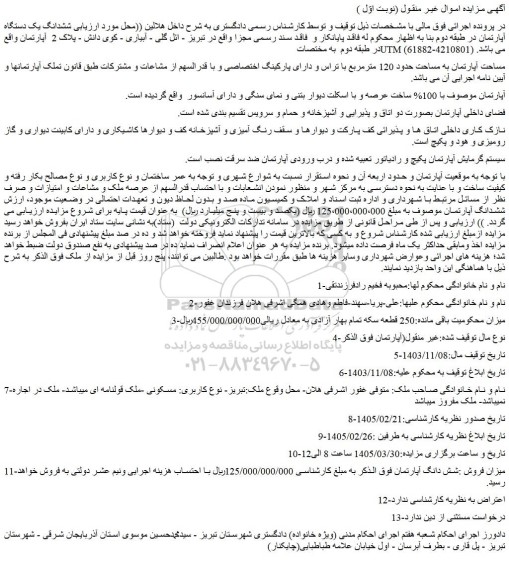 مزایده ششدانگ یک دستگاه آپارتمان در طبقه دوم