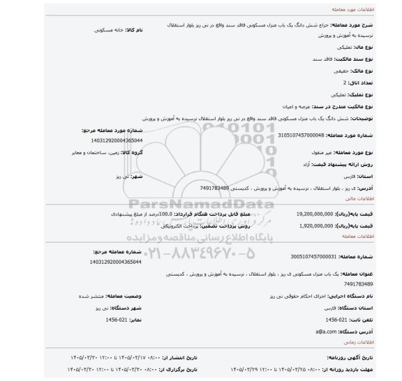 مزایده، شش دانگ یک باب منزل مسکونی فاقد سند واقع در نی ریز بلوار استقلال نرسیده به آموزش و پرورش