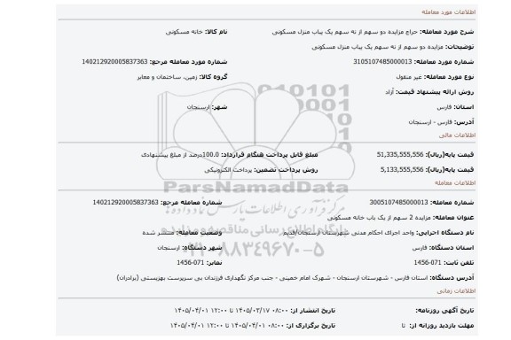 مزایده، مزایده دو سهم از نه سهم یک یباب منزل مسکونی
