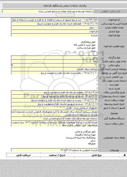 مزایده, انجام سرمایه گذاری برای اکتشاف و اخذ مجوزهای قانونی لازم در محدوده آباده طشک در سرچهان استان فارس