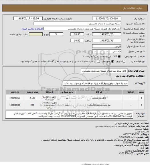 استعلام کابل پروژه ساختمان شبکه بهداشت ممسنی