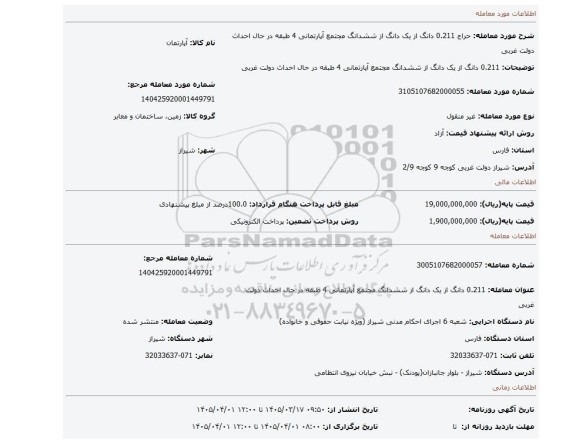 مزایده، 0.211 دانگ از یک دانگ از ششدانگ مجتمع آپارتمانی 4 طبقه در حال احداث دولت غربی