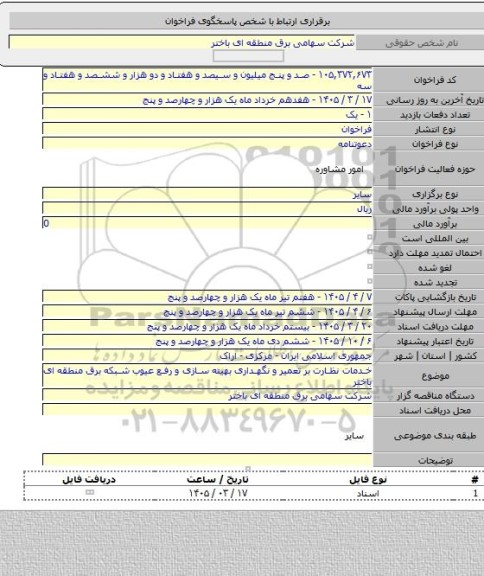 مناقصه, خدمات نظارت بر تعمیر و نگهداری بهینه سازی و رفع عیوب شبکه برق منطقه ای باختر