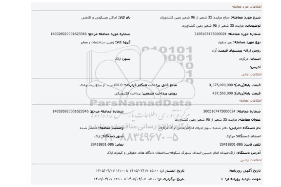 مزایده، مزایده 35 شعیر از 96 شعیر زمین کشاورزی