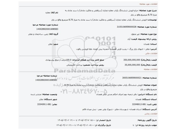 مزایده، فروش ششدانگ یکباب مغازه تجاری (سرقفلی و مالکیت عادی) با سند عادی به متراژ 8.70 مترمربع واقع در بازار