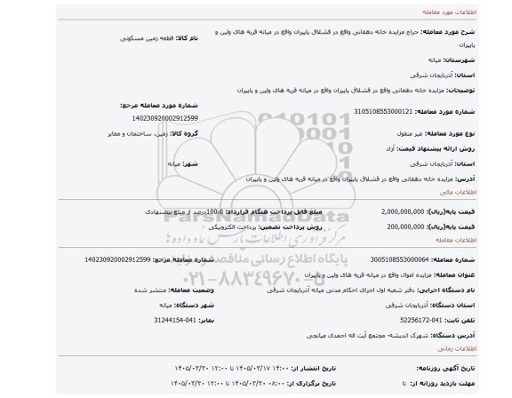 مزایده، مزایده  خانه دهقانی واقع در قشلاق پاپیران واقع در میانه قریه های ولین و پاپیران