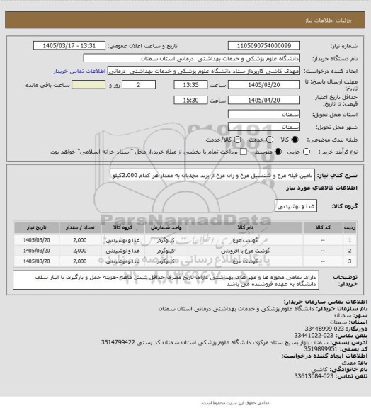 استعلام تامین فیله مرع و شنسیل مرغ و ران مرغ از برند محمدیان به مقدار هر کدام 2.000کیلو