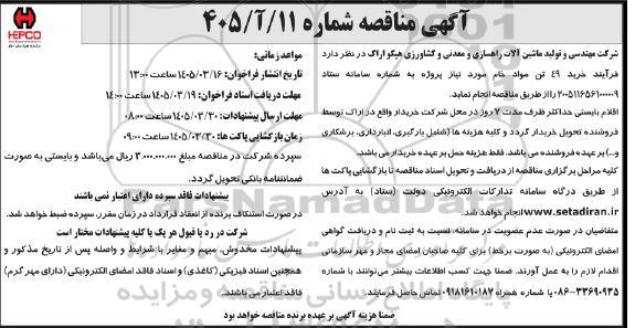 مناقصه خرید 49 تن مواد خام مورد نیاز پروژه