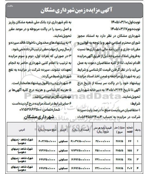 مزایده زمین - نوبت دوم 