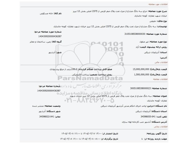 مزایده،  سه دانگ مشاع از منزل تحت پلاک صفر فرعی از 2375 اصلی بخش 12 تبریز خیابان شهید غفاری- کوچه جانداری