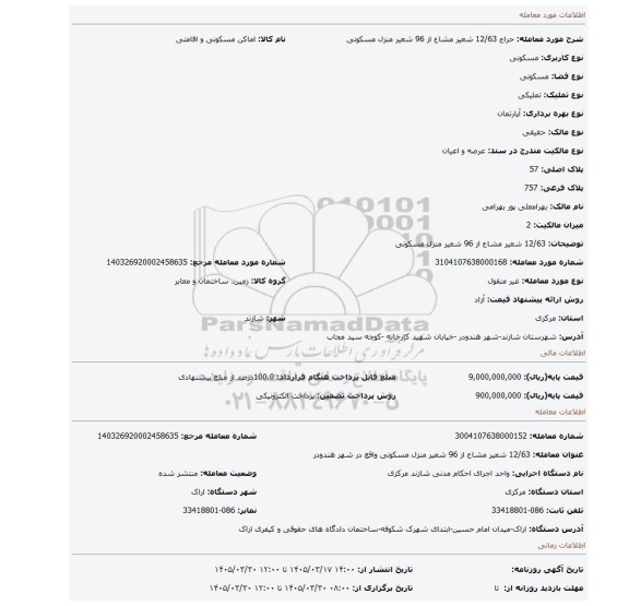 مزایده، 12/63 شعیر مشاع از 96 شعیر منزل مسکونی