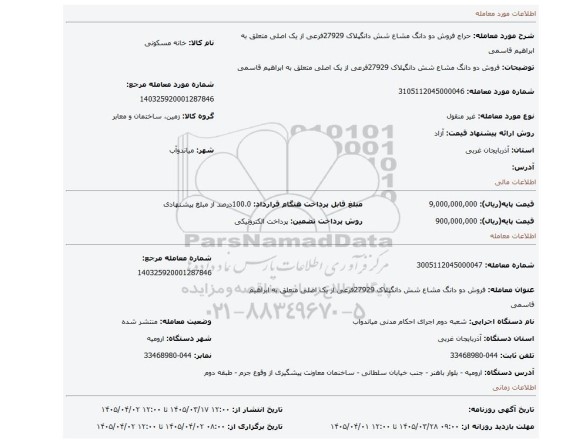 مزایده، فروش دو دانگ مشاع شش دانگپلاک 27929فرعی از یک اصلی متعلق به ابراهیم قاسمی