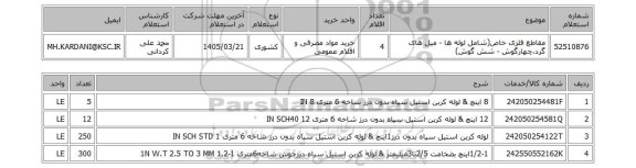استعلام مقاطع فلزی خاص(شامل لوله ها - میل های گرد،چهارگوش - شش گوش)
