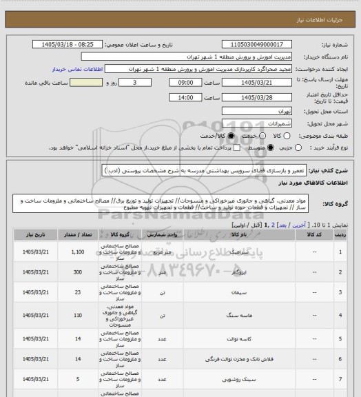 استعلام تعمیر و بازسازی فضای سرویس بهداشتی مدرسه به شرح مشخصات پیوستی (ادب )