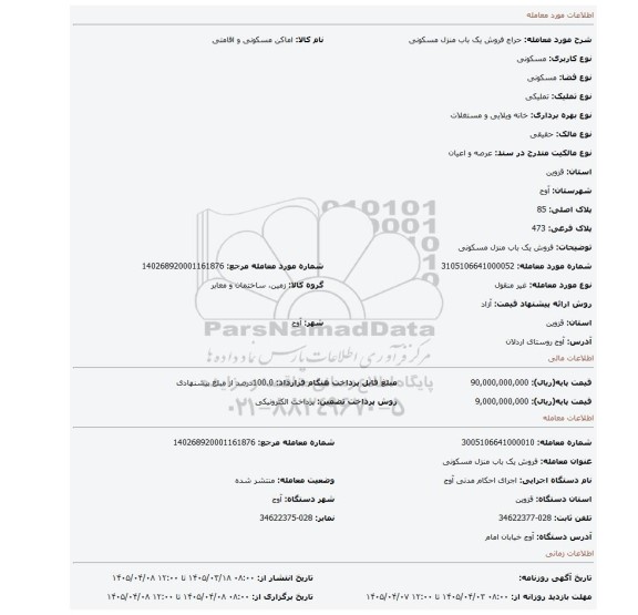 مزایده، فروش یک باب منزل مسکونی