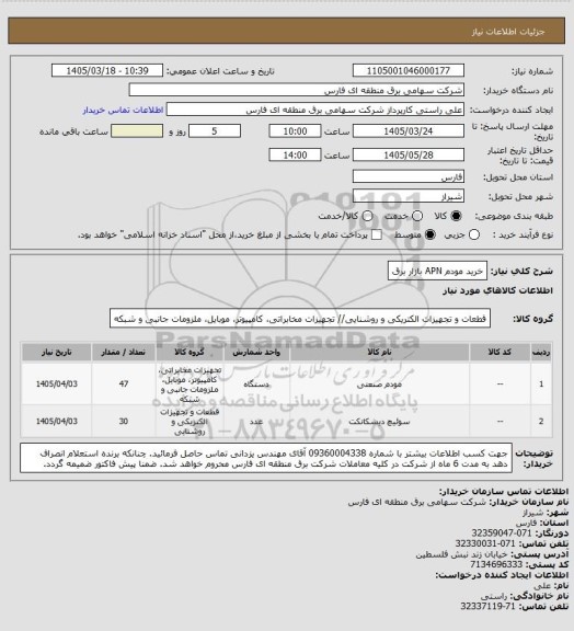 استعلام خرید مودم APN بازار برق