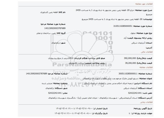 مزایده، 20- قطعه زمین دیمی مشهور به شاه یوردی 1 به مساحت 2455 مترمربع