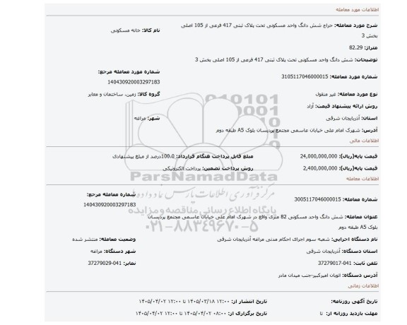 مزایده، شش دانگ واحد مسکونی تحت پلاک ثبتی 417 فرعی از 105 اصلی بخش 3