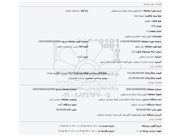 مزایده، فروش واحد تجاری و مسکونی