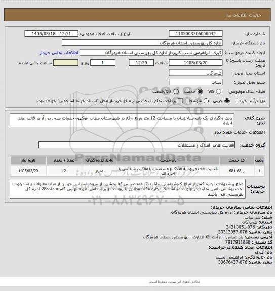 استعلام بابت واگذاری یک باب ساختمان با مساحت 12  متر مربع واقع در شهرستان میناب -توکهور-خدمات سی بی آر  در قالب عقد اجاره