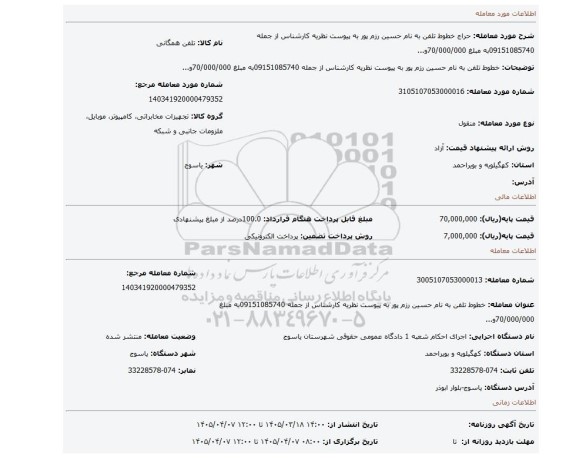 مزایده، خطوط تلفن به نام حسین  رزم پور  به پیوست نظریه کارشناس از جمله 09151085740به مبلغ 70/000/000و...