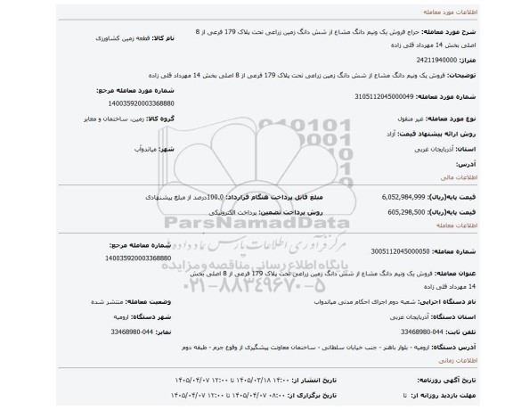 مزایده، فروش یک ونیم دانگ مشاع از شش دانگ زمین زراعی تحت پلاک 179 فرعی از 8 اصلی بخش 14 مهرداد قلی زاده