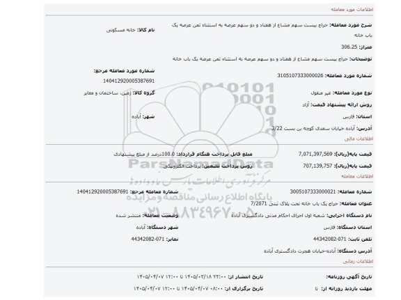 مزایده، حراج بیست سهم مشاع از هفتاد و دو سهم عرصه به استثناء ثمن عرصه یک باب خانه