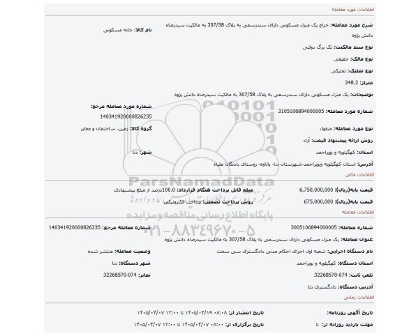 مزایده، یک منزل مسکونی دارای سندرسمی به پلاک 307/58 به مالکیت سیدرضاه دانش پژوه