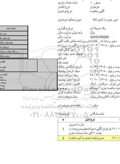 مناقصه, تجدید مناقصه خرید ۶ دستگاه CVT ۲۳۰ کیلوولت
