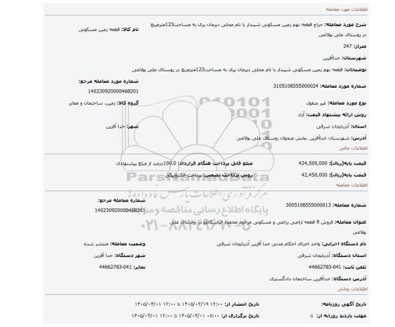 مزایده، قطعه نهم  زمین مسکونی  شیبدار با نام محلی دیرمان یری  به مساحت123مترمربع در روستای علی بولاغی