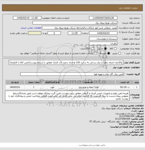 استعلام واگذاری اجرای عملیات برق رسانی به سایت 120 واحدی سعید آباد کنارک مطابق با شرایط پیوست(تامین کالا با کارفرما)