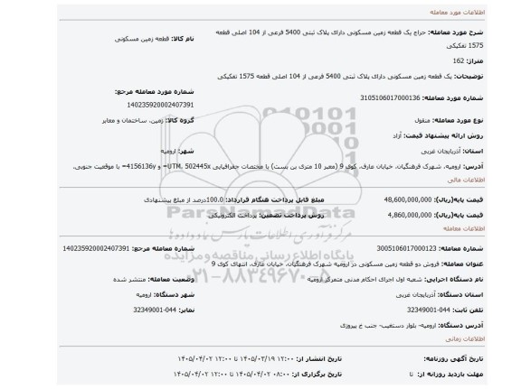 مزایده، یک قطعه زمین مسکونی دارای پلاک ثبتی 5400 فرعی از 104 اصلی قطعه 1575 تفکیکی