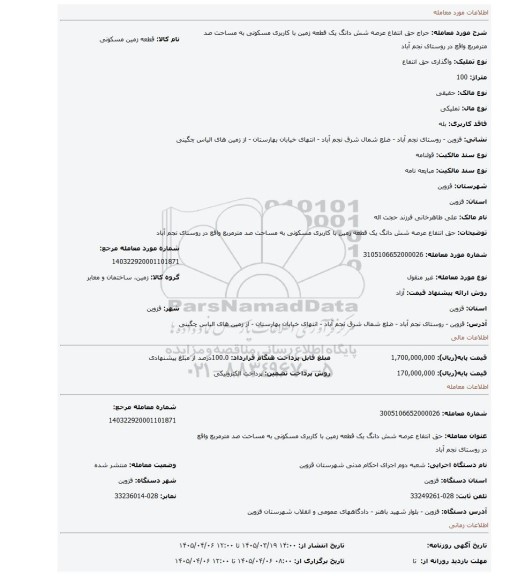 مزایده، حق انتفاع عرصه شش دانگ یک قطعه زمین با کاربری مسکونی به مساحت صد مترمربع واقع در روستای نجم آباد