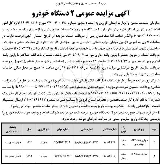 مزایده فروش 2 دستگاه خودرو