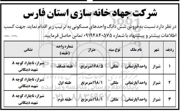 آگهی مزایده فروش شش دانگ واحدهای مسکونی