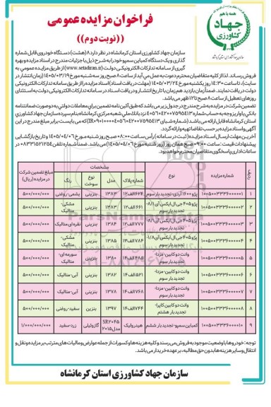 مزایده 8 (هشت) دستگاه خودروی قابل شماره گذاری و یک دستگاه کمباین سمپو - نوبت دوم 